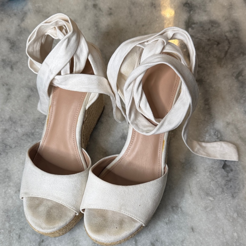 Elegant White Espadrille lace up Wedge Sandals size 8.5 ankle tie peep toe #6219
